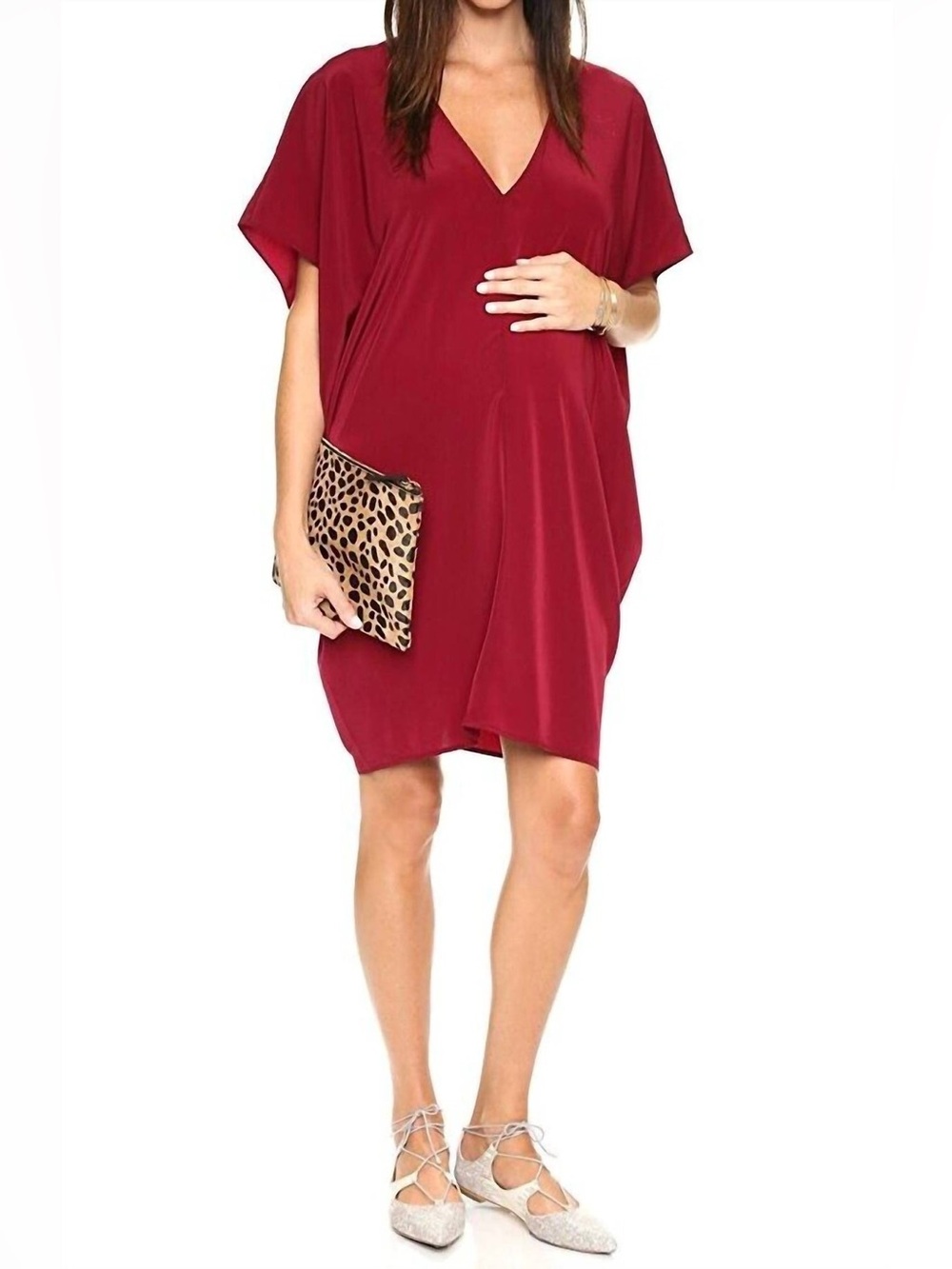 Hatch The Slouch Maternity Dress in Burgundy Red Vneck OS Flowy Relaxed Breezy